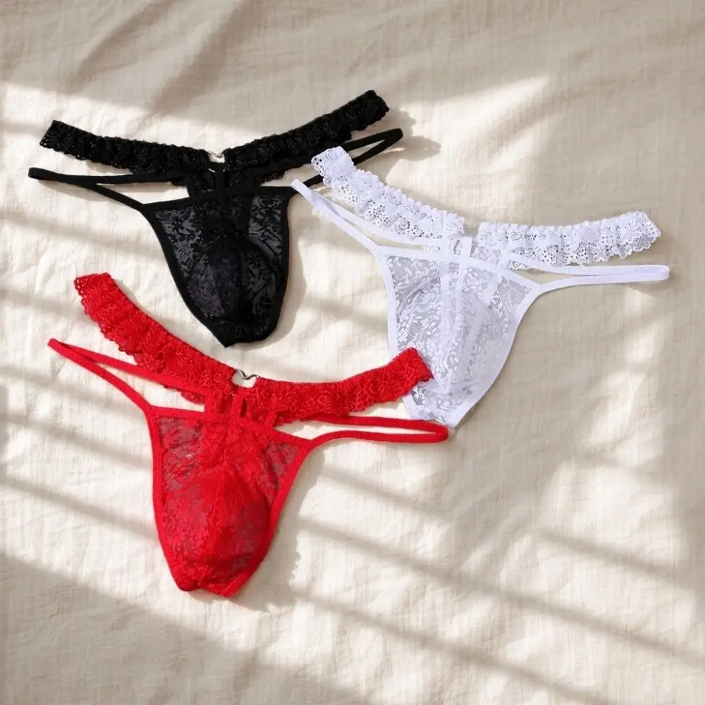 Low Waist Men's Lace Thong Thin Strap Flower Hollow Out Mesh Sheer Panties Transparent Bulge Pouch T-back Briefs Men Date Night