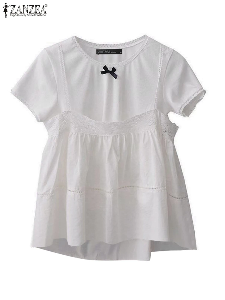 ZANZEA Fashion Summer Blouse Lace Patchwork Tops Women Short Sleeve Tunic 2025 Casual Loose Beach Blusas Oversized S-3XL