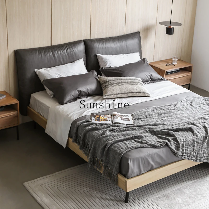 Nordic retro caramel leather soft against solid wood double bed master bedroom