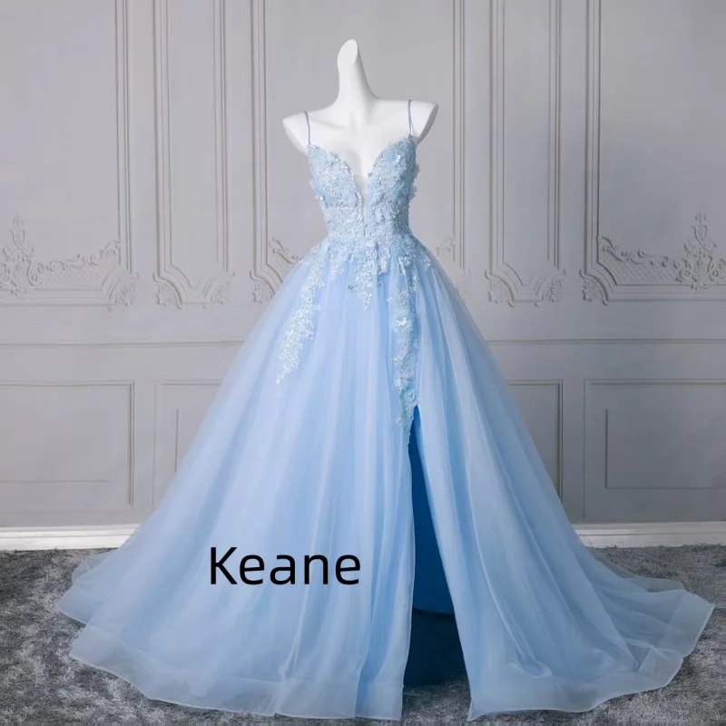 

Вечерние платья с глубоким V-образным вырезом и высоким разрезом на тонких бретелях, цвета небесно-голубого, на заказ, для особых случаев, выпускные платья (реальные фото)