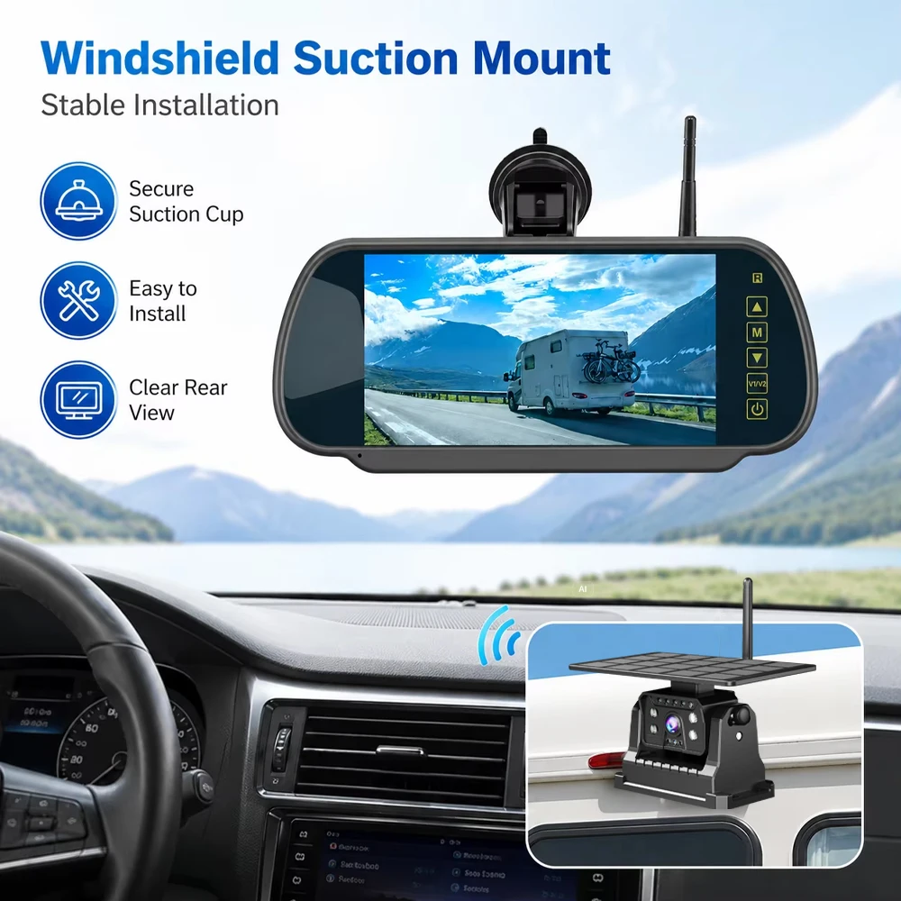 Wireless Solar Backup Camera System 7" Rearview Mirror Monitor 1080P Magnetic Night Vision Dash Cam DVR for Truck RV Pickup view 2