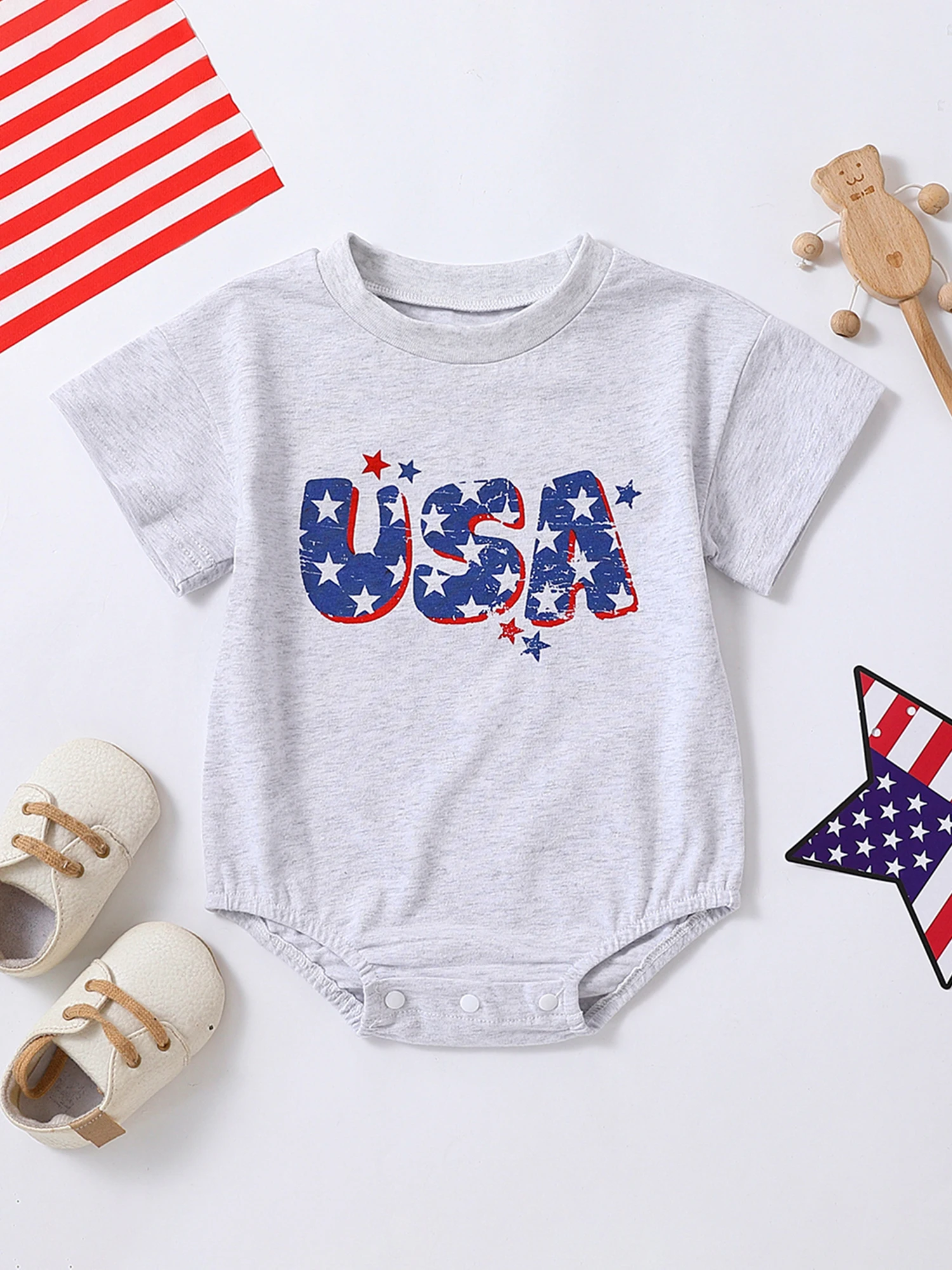 

Infant Independence Day Jumpsuit Patriotic Short Sleeve American Flag Print Toddler Outfit for July 4th