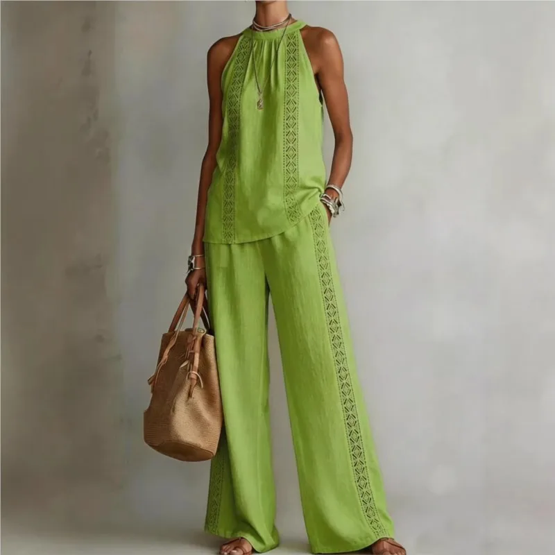 

Elegant Hollow Lace Patchwork Design Women's Two-piece Set Summer Fashion Thin Sleeveless Top+wide Leg Pants Suit Lady Outfit