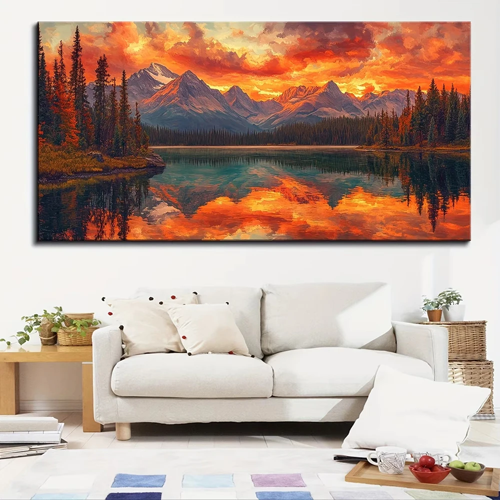 Mountain River Fir Forest Under Sunset Poster Prints Nature Landscape Canvas Painting Wall Art Picture for LivingRoom Home Decor