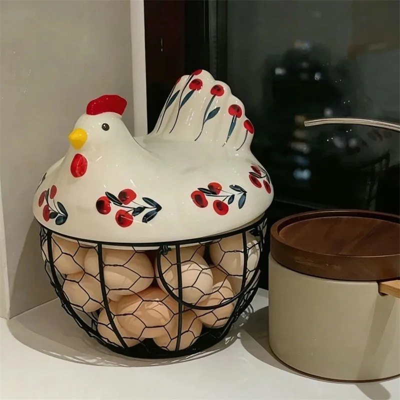 Egg Basket Farmhouse Hen shaped Egg Storage Iron Container with Ceramic Cover Kitchen Storage Practical Items Fruit Basket