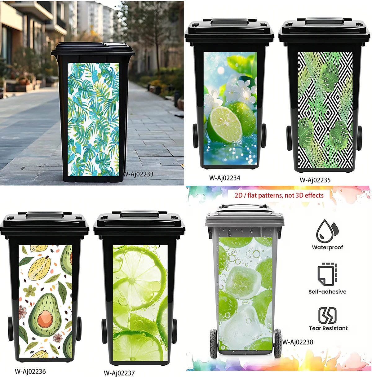 Tropical Lime Avocado Palm Leaf Wheelie Bin Decals Waterproof Self Adhesive Dustbin Wrap Outdoor Kitchen Cabinet Decor Stickers