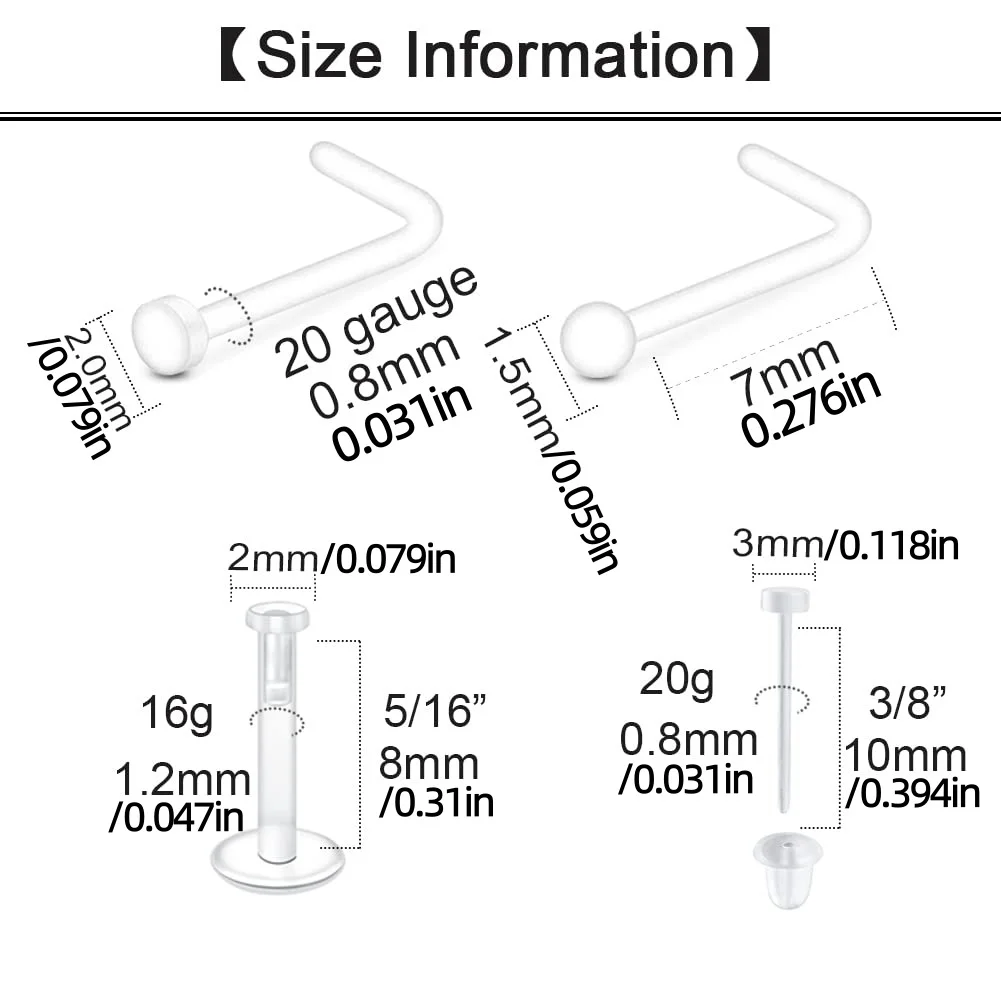 18pcs Clear Nose Studs and Rings | Plastic Nose Piercing Retainers, Nose Ring Spacers, Septum Keepers, Lip Rings, Earrings
