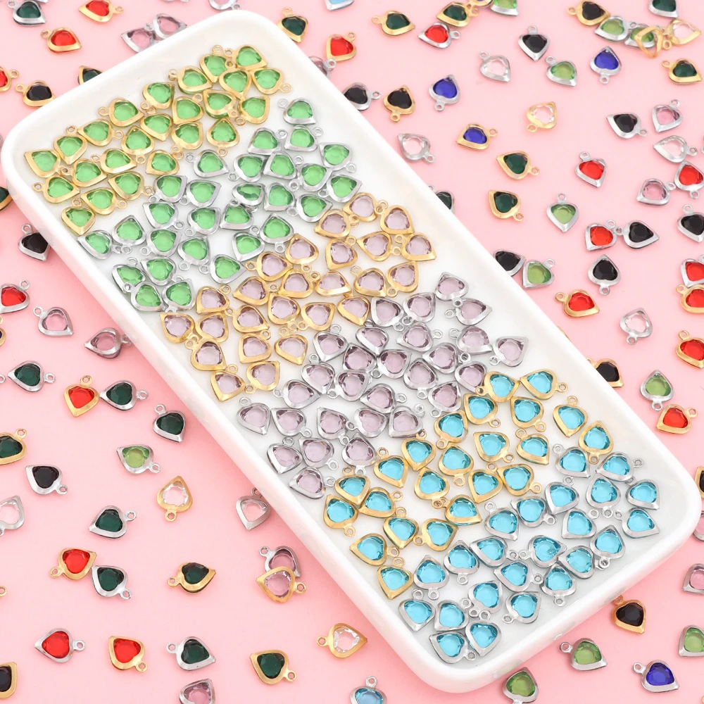 10pcs/lot Color Heart Crystal Charms Stainless Steel Edged Pendants for DIY Necklace Earring Bracelet Jewelry Making Accessories