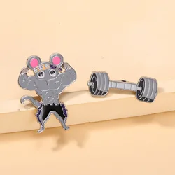 Funny Cartoon Mouse Enamel Brooch Creative Animal Fitness Muscle Male Dumbbell Lapel Pin Badge Backpack Clothing Hat Accessories