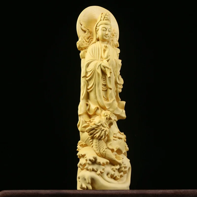 Boxwood Craft Royal Dragon Holy-Water Vase Avalokitesvara Decoration South Sea Guanyin Bodhisattva Home Study Office Study