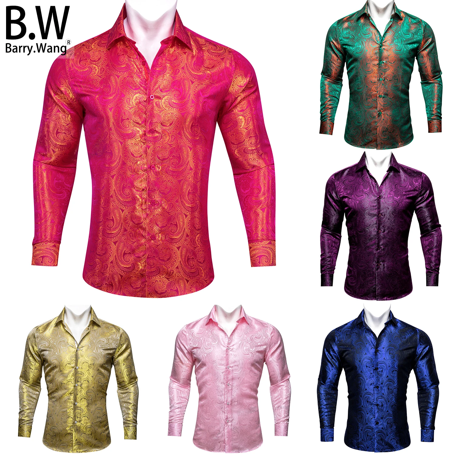 Barry.Wang Luxury Silk Mens Shirts Jacquard Paisley Long Sleeve Formal Casual Stylish Male Blouses Wedding Business Prom Gift