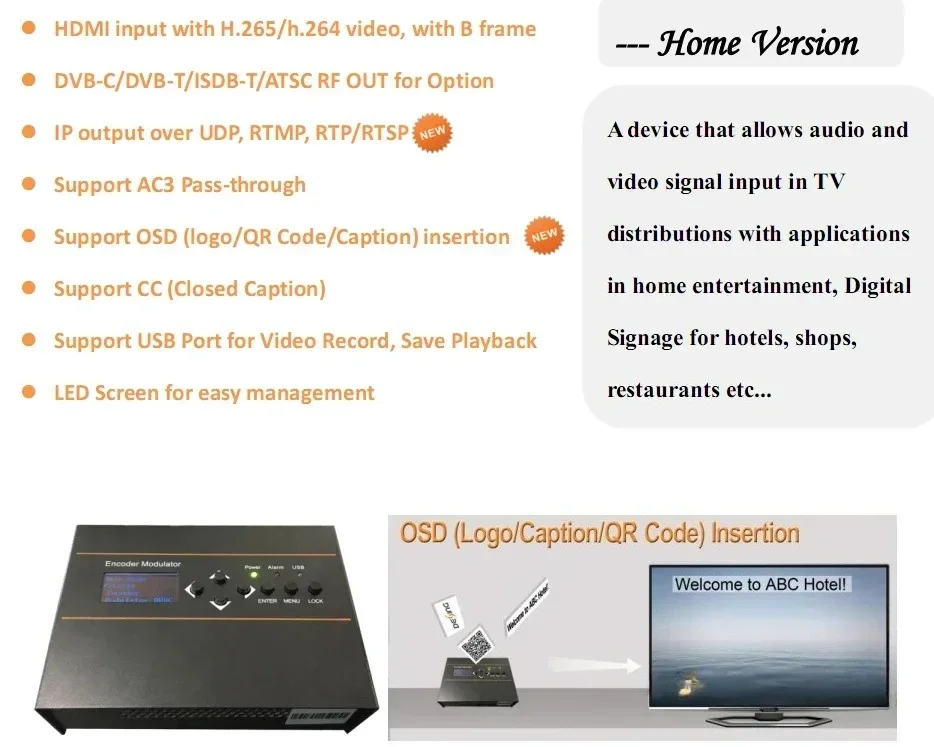 All ine one HD Encoder Modulator with QAM, DVB-T2, ISDB-T, ATSC  output