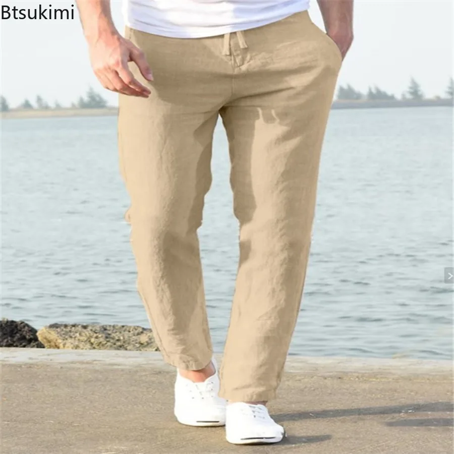 Men's Linen Casual Pants Fashion Simple Loose Pencile Pants Drawstring with Elastic Waist Comfort Breathable Daily Work Trousers