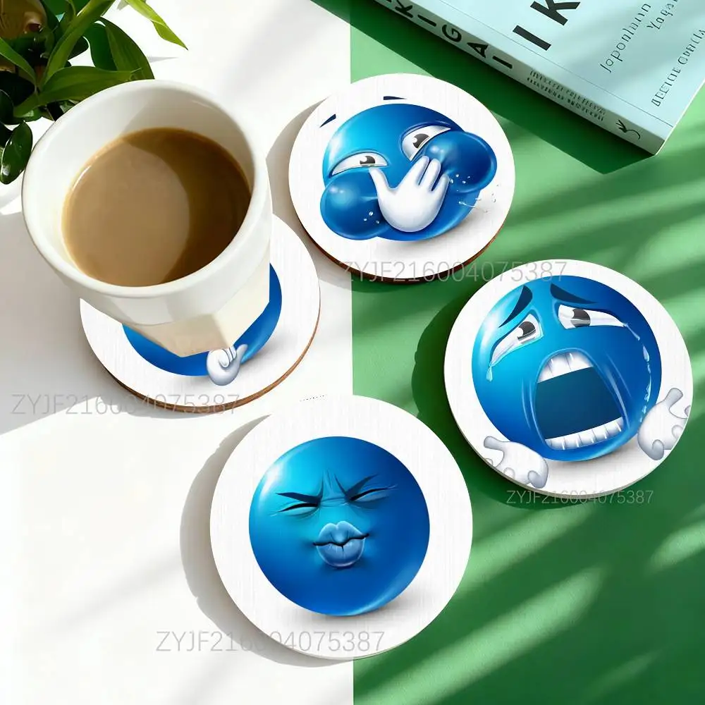

B-Blue Emoji Funny Round Wooden Coasters For Design Suitable for Drinks Tea,Coffee Home Perfect Gift Holidays