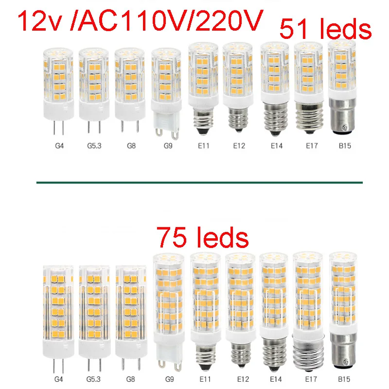 

10pcs 12v AC 220v 110V G4 GY6.35 G8 G9 G5.3 E11 E12 E14 E17 BA15D LED Corn Lamp 5W 7W Chandelier Crystal Replace 50w 60w Halogen