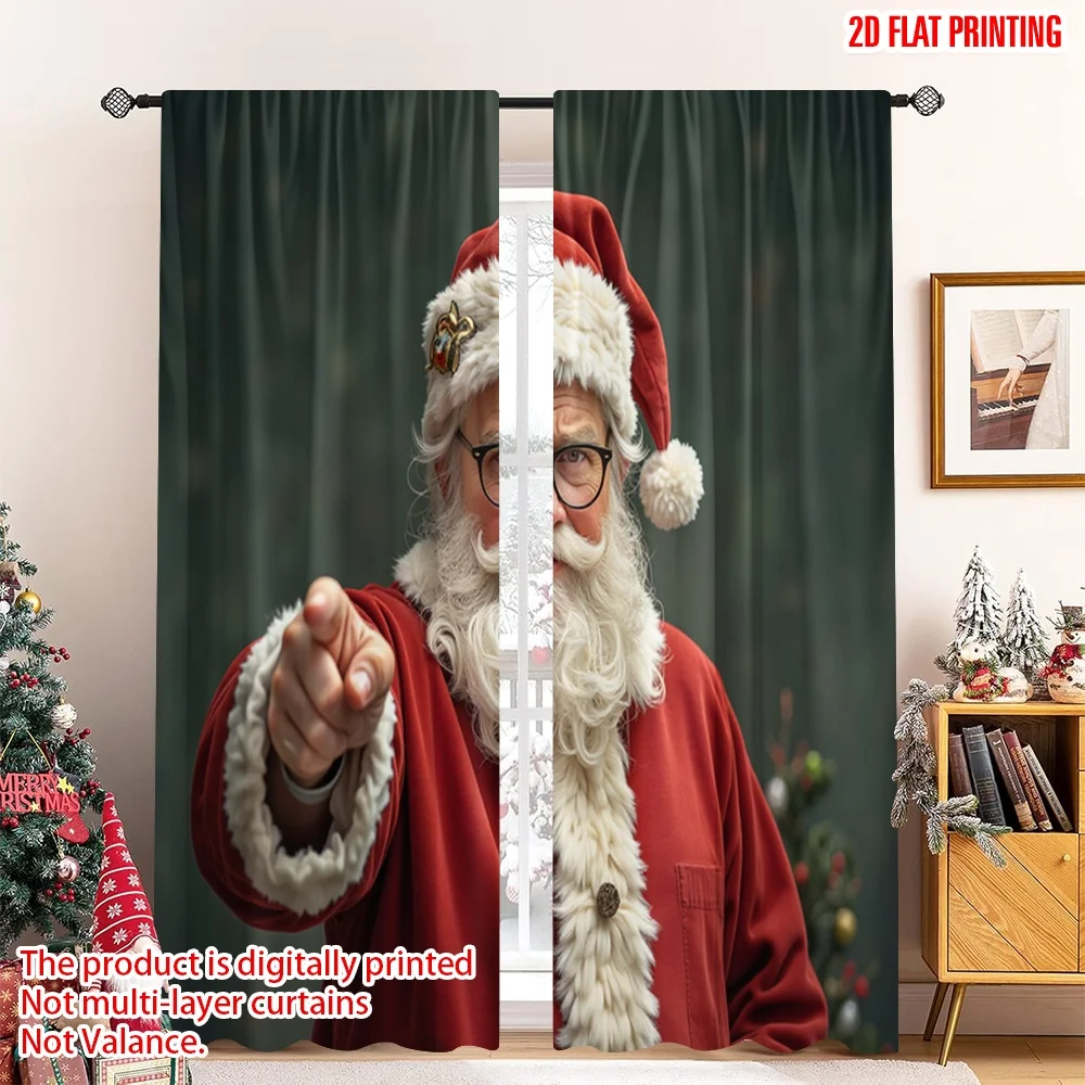 

2pcs 2D flat printing Christmas Curtains Vintage Santa Pointing 100% Polyester Without Electricity Spring Use for Holiday