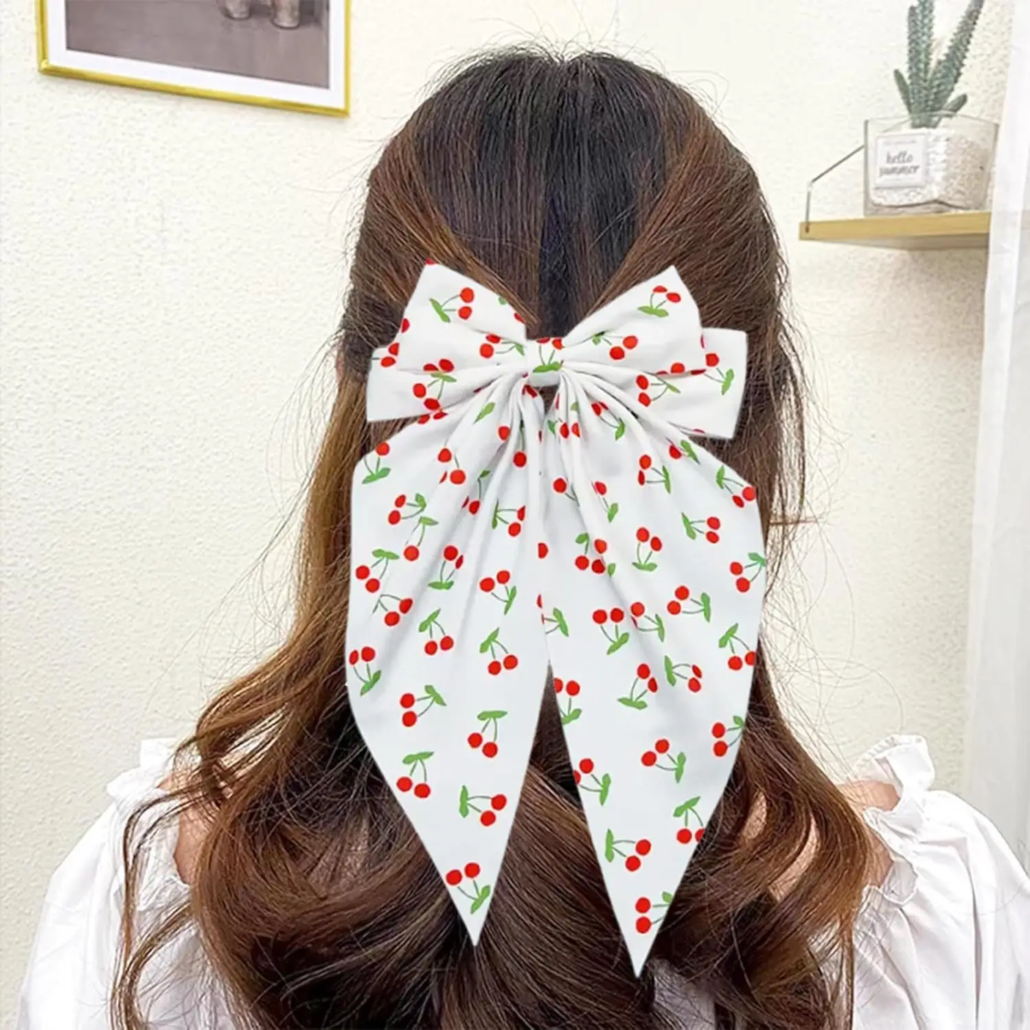 Cherry Printed Spring Hair Clip Double Layer Fabric Bow Ponytail Clip Women Girls Sweet Elegant Vacation Hair Clip Accessories