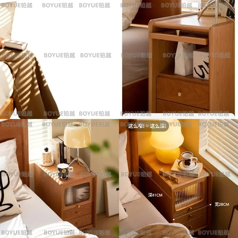Cherry Wood Solid Bedside Table Ultra Narrow Small Nightstand Nordic Japanese Minimalist Slim Storage Locker for Bedroom