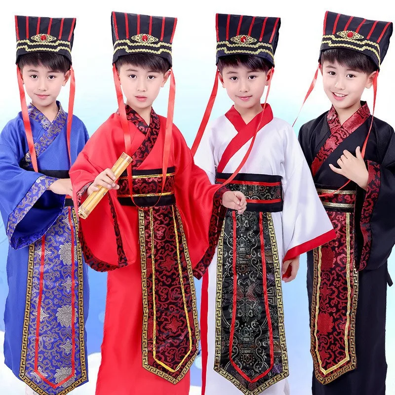 Hanfu-ropa de actuación para niños, ropa antigua de estilo tradicional chino, disfraz de escenario para niños, Cosplay, negro, rojo y blanco