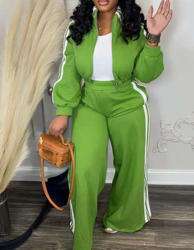 

2 Pieces Outfit Women New Contrast Side Striped Stand Collar Zip Up Stretchy Hem Crop Coat & Elastic Waist Wide Leg Pants Set