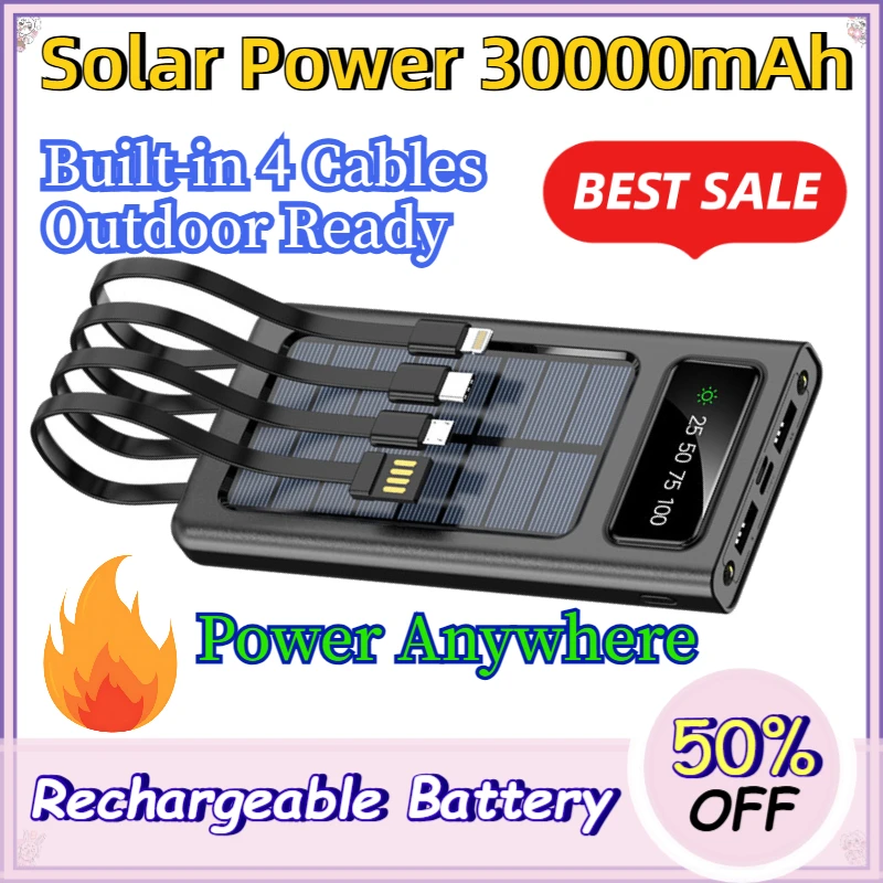 

30000mAh Solar Power Bank with Built-in 4 Cables Portable Charger for Outdoor Travel High Capacity Battery Pack