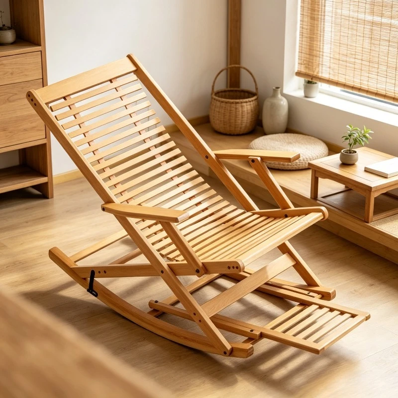 Foldable Bamboo Recliner Lounge, Rocking Sofa Bed for Balcony, Breathable Adult Relaxing Chair, Senior Comfort Rest Seat view 3