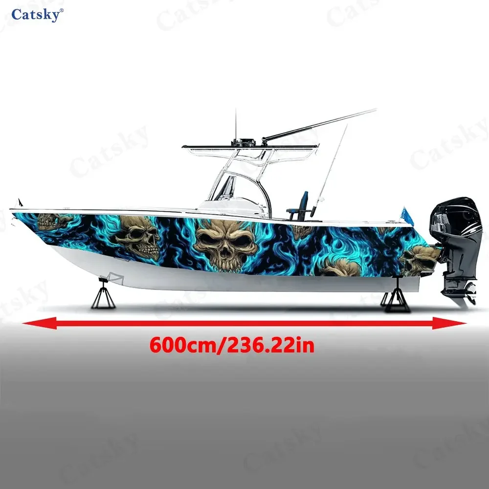 2Pcs Cyber Skull Flame Boat Stickers, PVC Waterproof Durable Vinyl Wrap Decals for Fishing Boats, Durable and Stylish Design