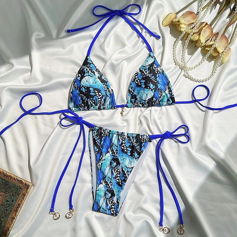 

Black Blue Print Swimwear Halter String Triangle Bikini Mini Micro Thong Sexy Swimsuit Women 2025 Bathing Suit Bikinis Sets