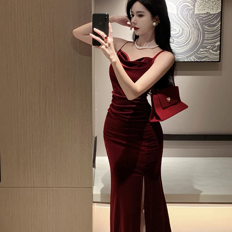 Vintage Sexy Club Prom Red Dresses for Women Spaghetti Strap Slit Velvet Dress Beach Bandage Bodycon Midi Dress Party Elegant