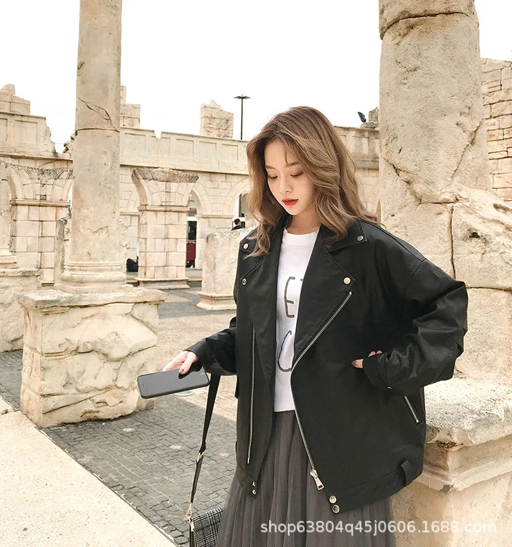 Chaquetas de piel sintética para mujer, abrigos cortos informales Y2k con cremallera y cuello vuelto, mangas largas, ropa de calle holgada, otoño 2025