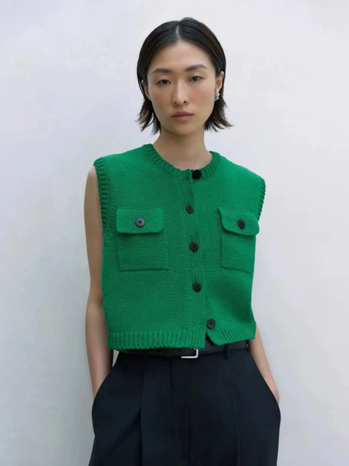 

Faionable вязаный жилет круглый Ne с одной пуговицей однотонный большой ket Cor классический женский жилет из смеси хлопка и полиэстера