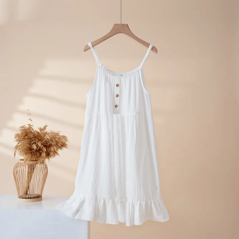 2026 New Women's Summer Sleeping Skirt 100% Cotton Crepe Strap Skirt Loose Small Fresh Floral Comfortable Home Skirt sleepwear