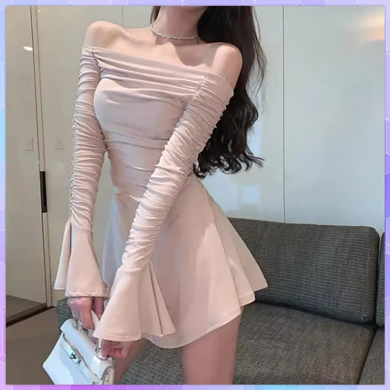 

платье сексуальное женское платье с открытыми плечами и длинными рукавами, весенне-осеннее однотонное плиссированное платье, облегающие короткие платья, милые