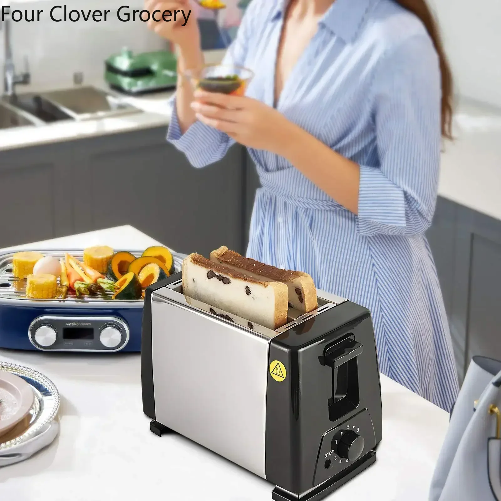 Home Multi-Purpose Toaster 2 Slice Wide Groove with 6 Preset Temperatures & Timer Function Kitchen Stainless Steel Bread Maker