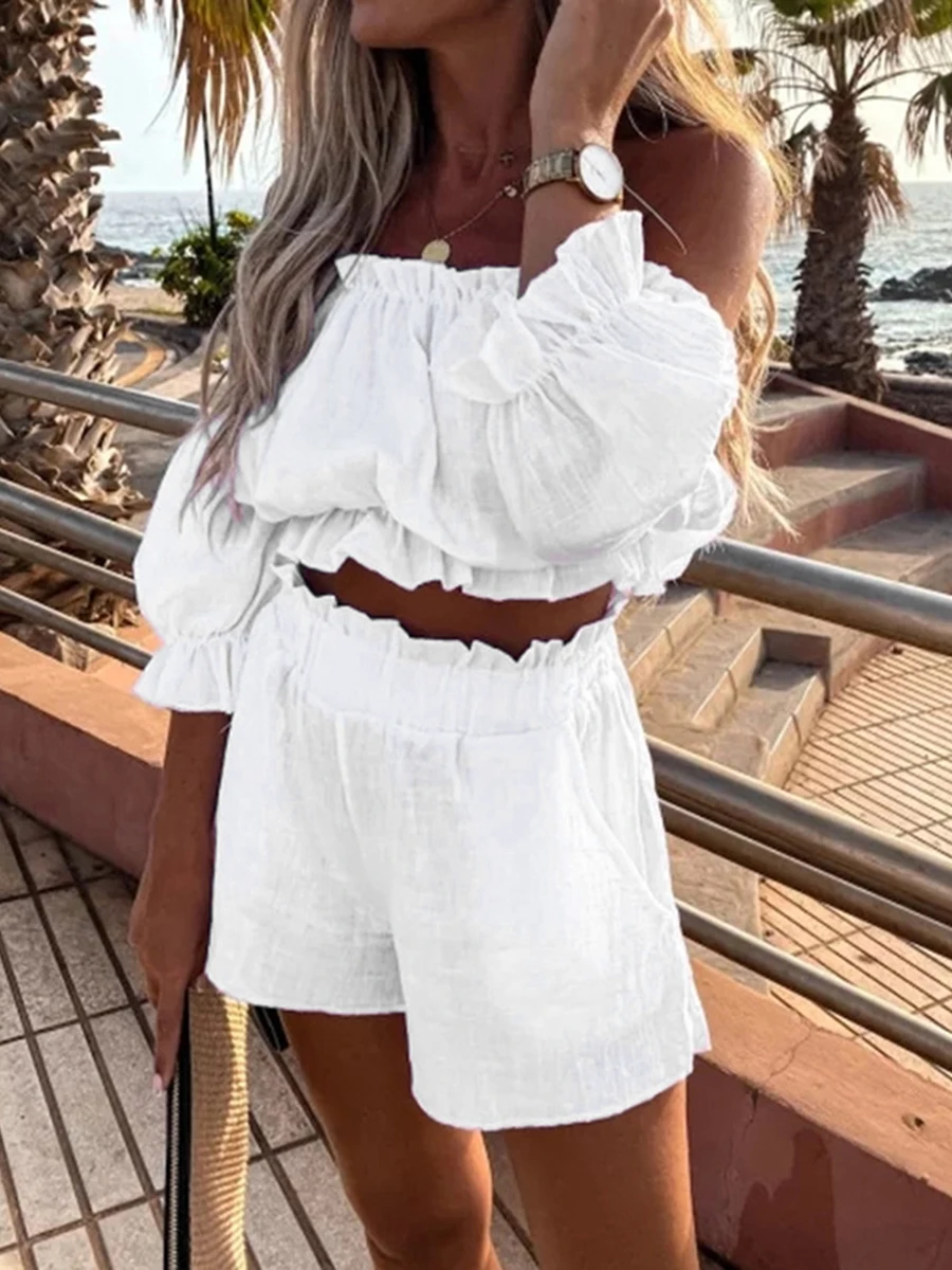 wsevypo Two-Pieces Top and Shorts Suits Summer Beach Suits Women Casual Off-Shoulder Short Sleeve Crops Tops High Waist Shorts