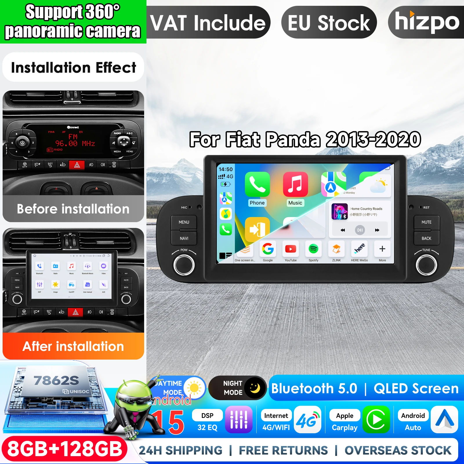 Hizpo Autoradio Android 7 pouces avec CarPlay pour Fiat Panda 2013-2020, Système Intelligent de Voiture 1 DIN, Lecteur Multimédia Stéréo GPS, Radio de Voiture 2 DIN, Autoradio, Unité Centrale, Navigation GPS, Écran Tactile IPS, Bluetooth, 4G, WIFI, 8 Cœurs, 7862 DSP, SWC, DAB+Pro, Commande Vocale IA, Caméra Automobile