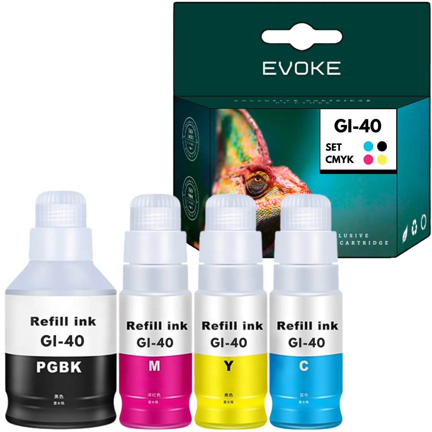 Evoke Compatibele Inkt voor Canon Gi-40 Gi40 4X Cmyk: Zwart Pigment+Cyaan+Magenta+Geel 380 ml Pixma G5040 G6040 G7040