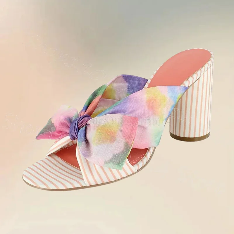 

Colorful Bow Knot Stripe Design Open Toe Slippers Slip On Women Shoes Chunky High Heels Banquet Dating 2024 Zapatos Para Mujere