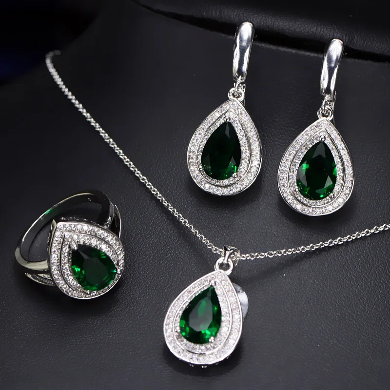 HuiSept Rings Earrings Necklace 925 Silver Jewelry Set for Women Wedding Party Water Drop Shape Sapphire Gemstone Gift