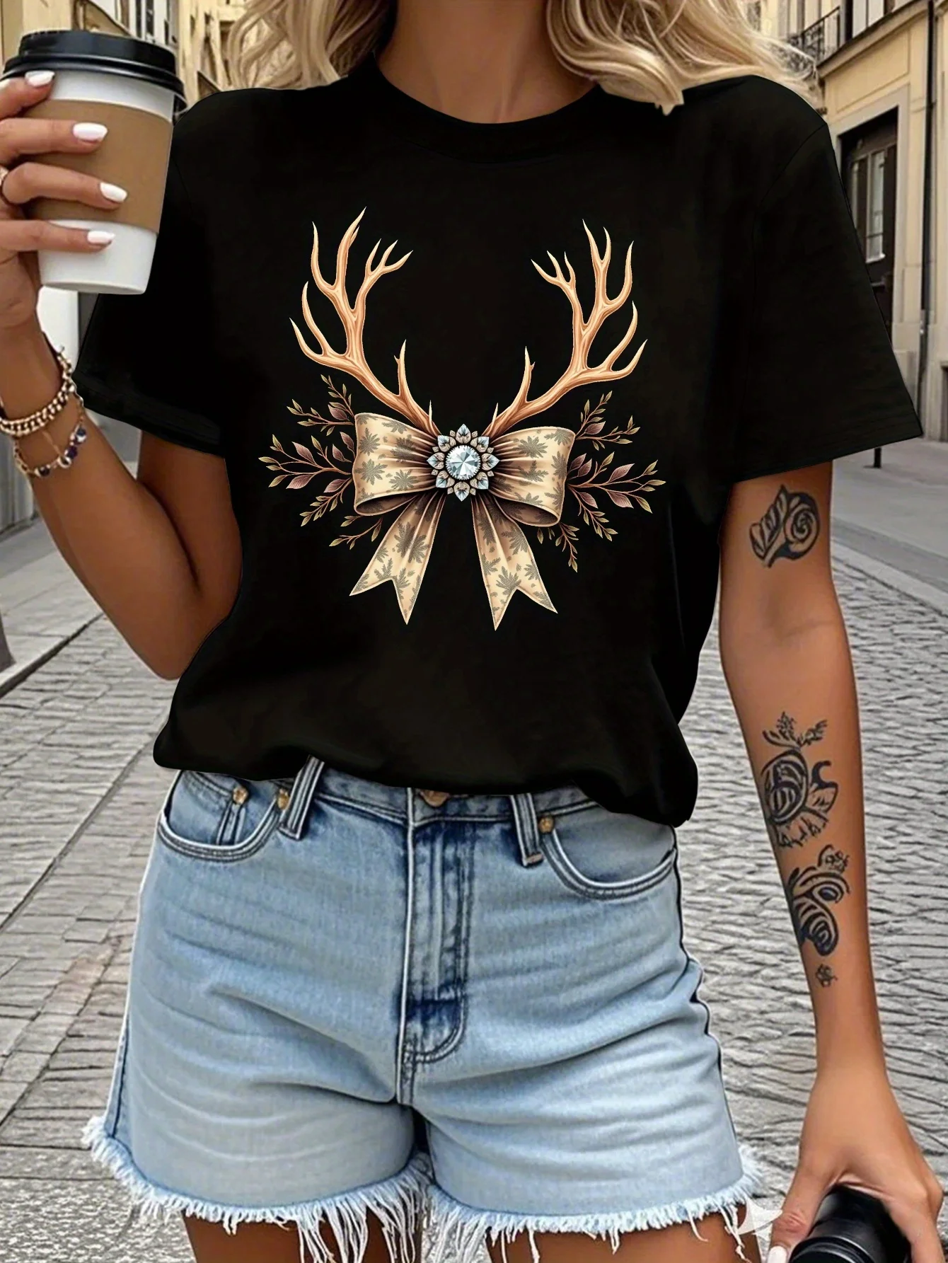 

Teediy Deer Antlers with Gemstone Pure Women'S T-Shirt Comfort Fit Summer Short Sleeved Harajuku Streetwear Aesthetic Clothes