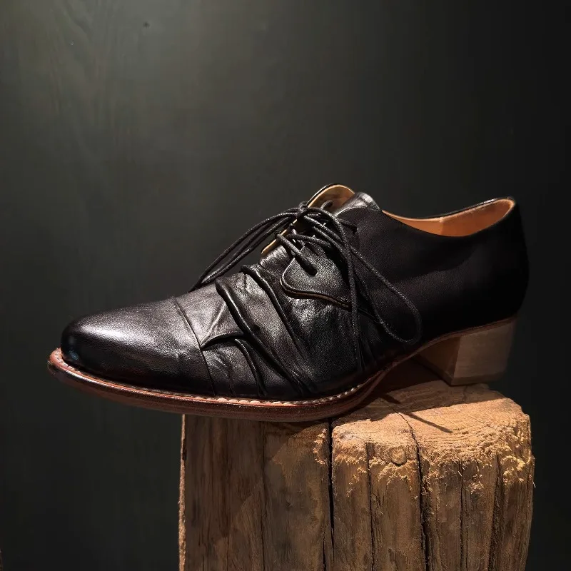 Handmade Old Pleated Genuine Leather Suit High Heels Women's Leather Shoes Formal Pointed Toe Pumps Female Casual Derby Shoes