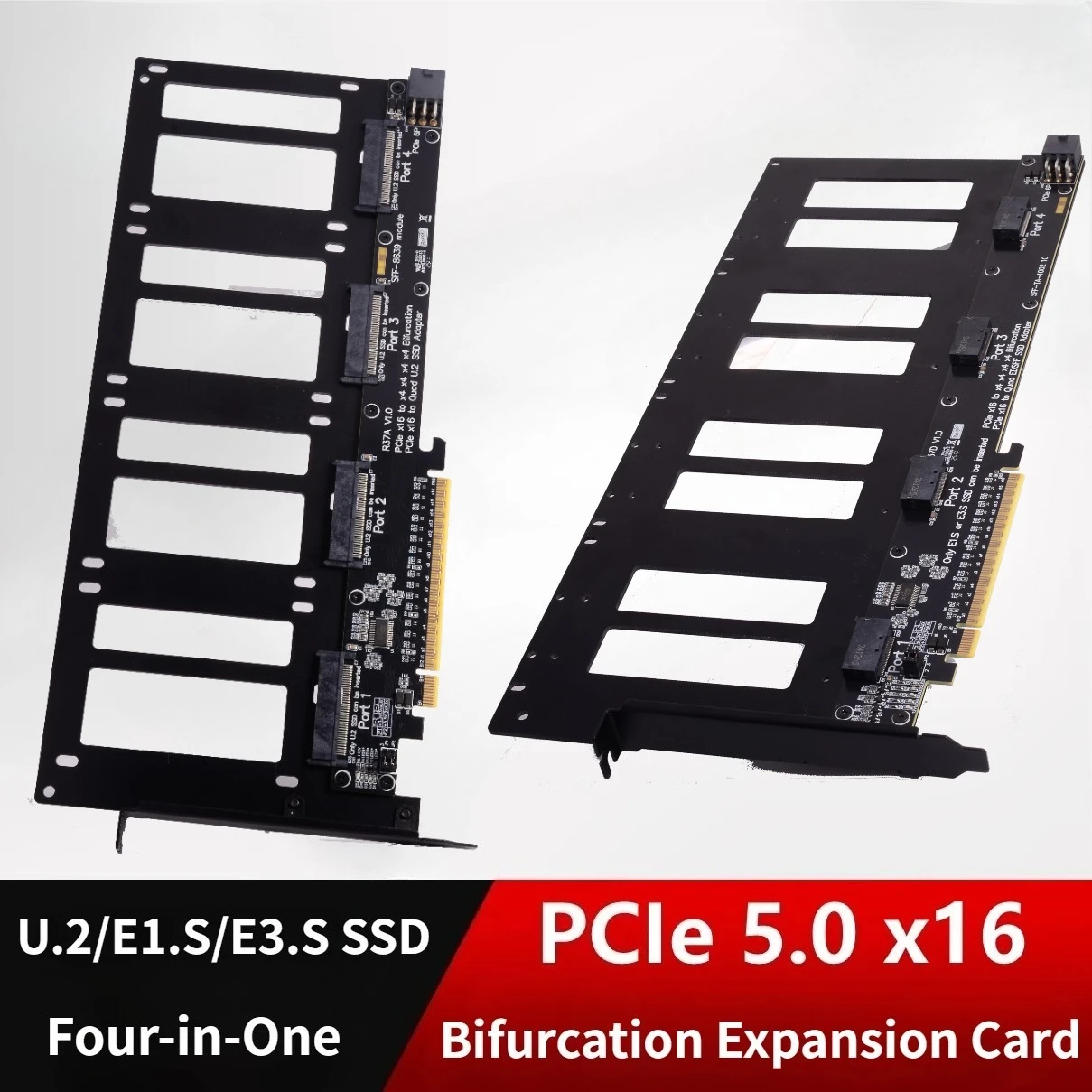 PCIe 5.0 x16 to 4-Port Bifurcation Split Card GEN5 U.2 SSD/EDSFF E1.S/E3.S Hard Disk Split Expansion Card Dock for 1 Drive 4 GPU