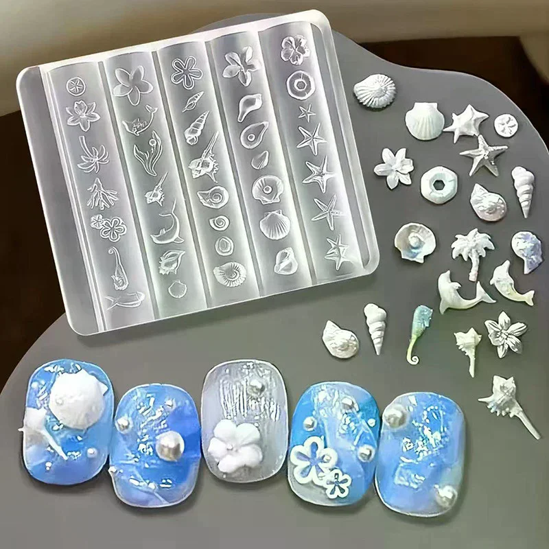 Series Animal Silicone Mold Sea Shell Conch Nail Stamplates Starfish Jellyfish 3D Soft Charm Manicure Mold Stencil Tools Ocean