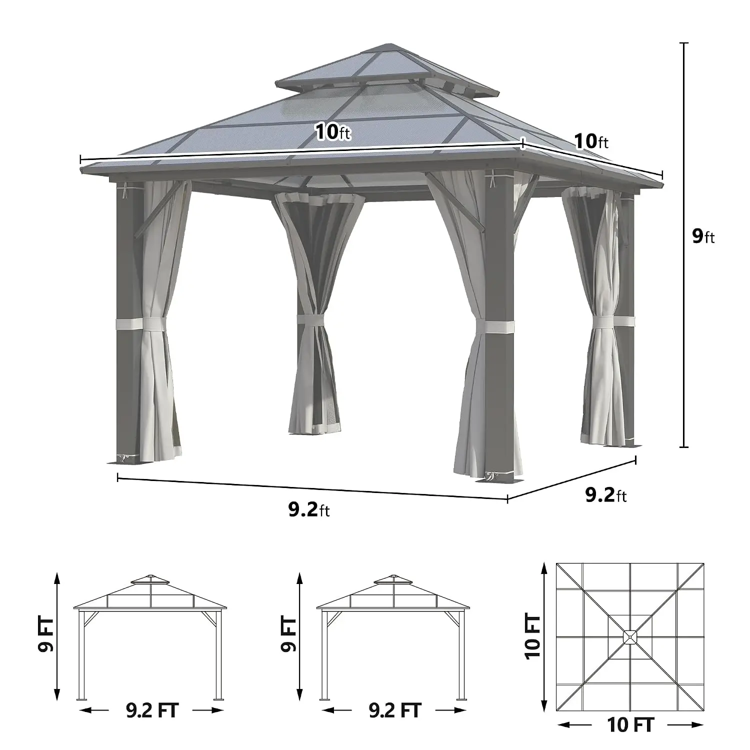 Hardtop Gazebo 10' x 10', Patio Gazebos with Polycarbonate Roof & Steel Frame, Outdoor Pavilion with Gray, Customized