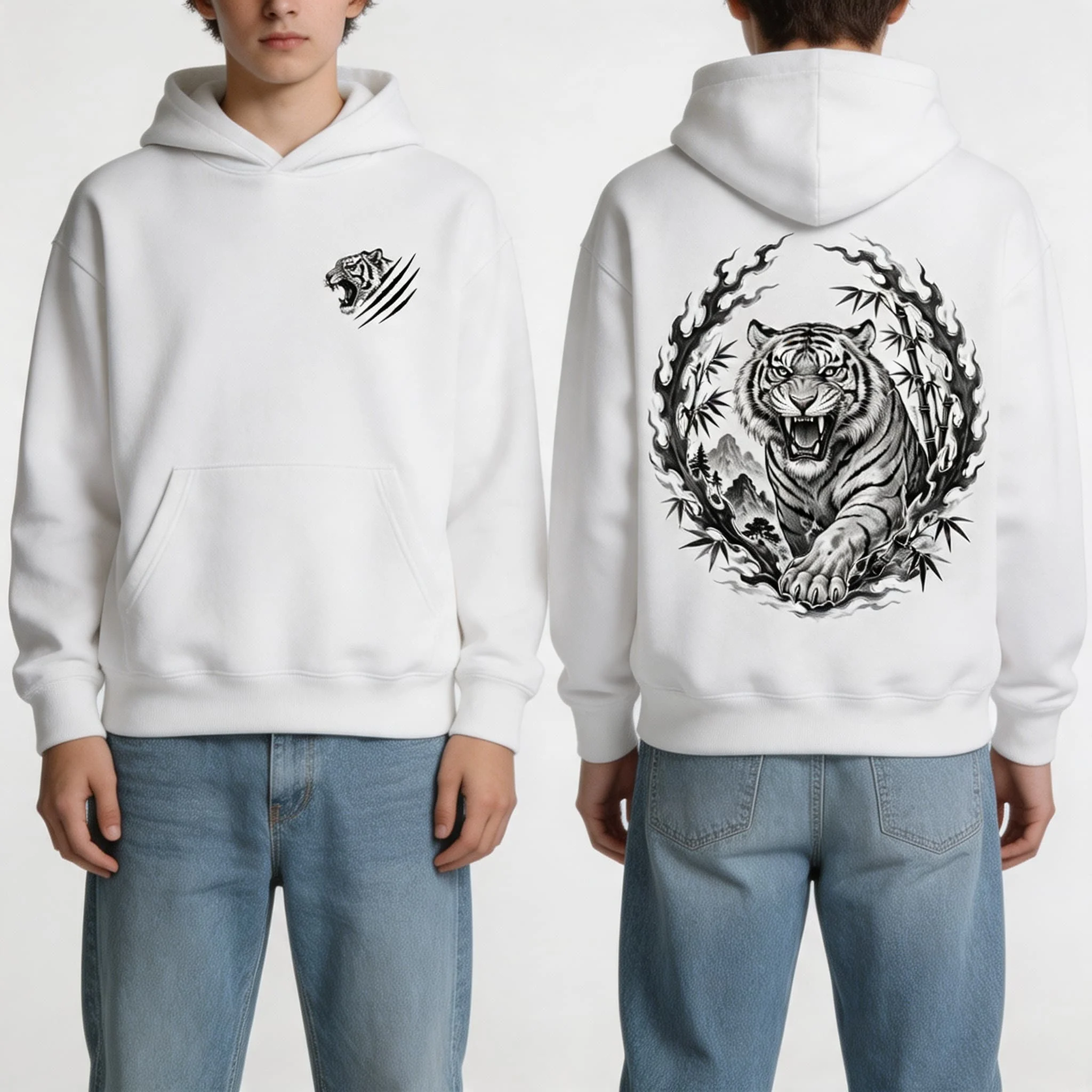 Autumn Winter Casual Tiger Bamboo Roar Art Print Men hooded sweatshirt Women Boys coat Top Parent Child Kid 's Cotton Hoodie