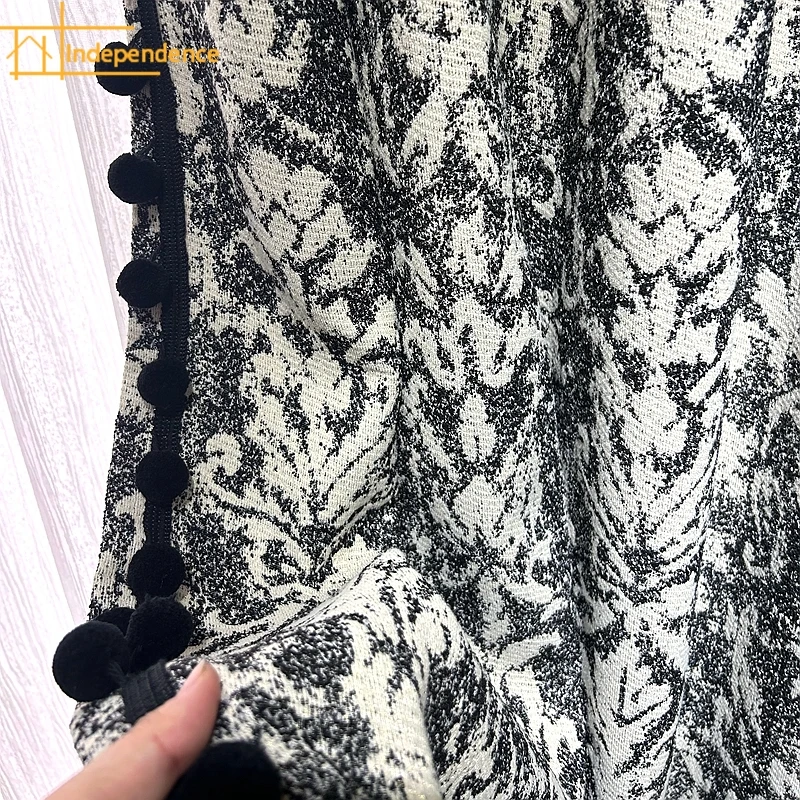 Vintage Small Fragrance Black and White Cotton Linen Flocking Thickened Blackout Curtains for Living Room Bedroom French Window