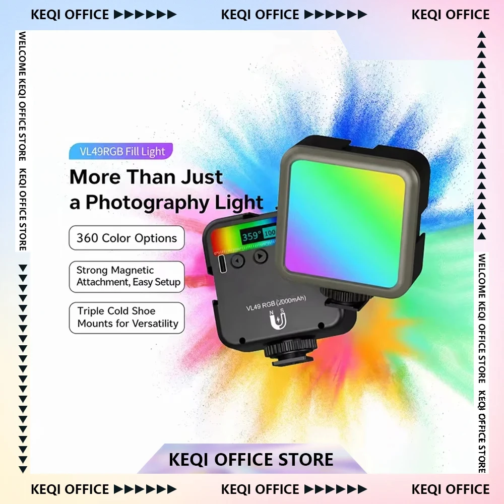 VL49 Full Color RGB LED Video Light 2500K-9000K 800LUX Magnetic Mini Fill 3Cold Shoe 2000mAh Type-C Camera Accessories