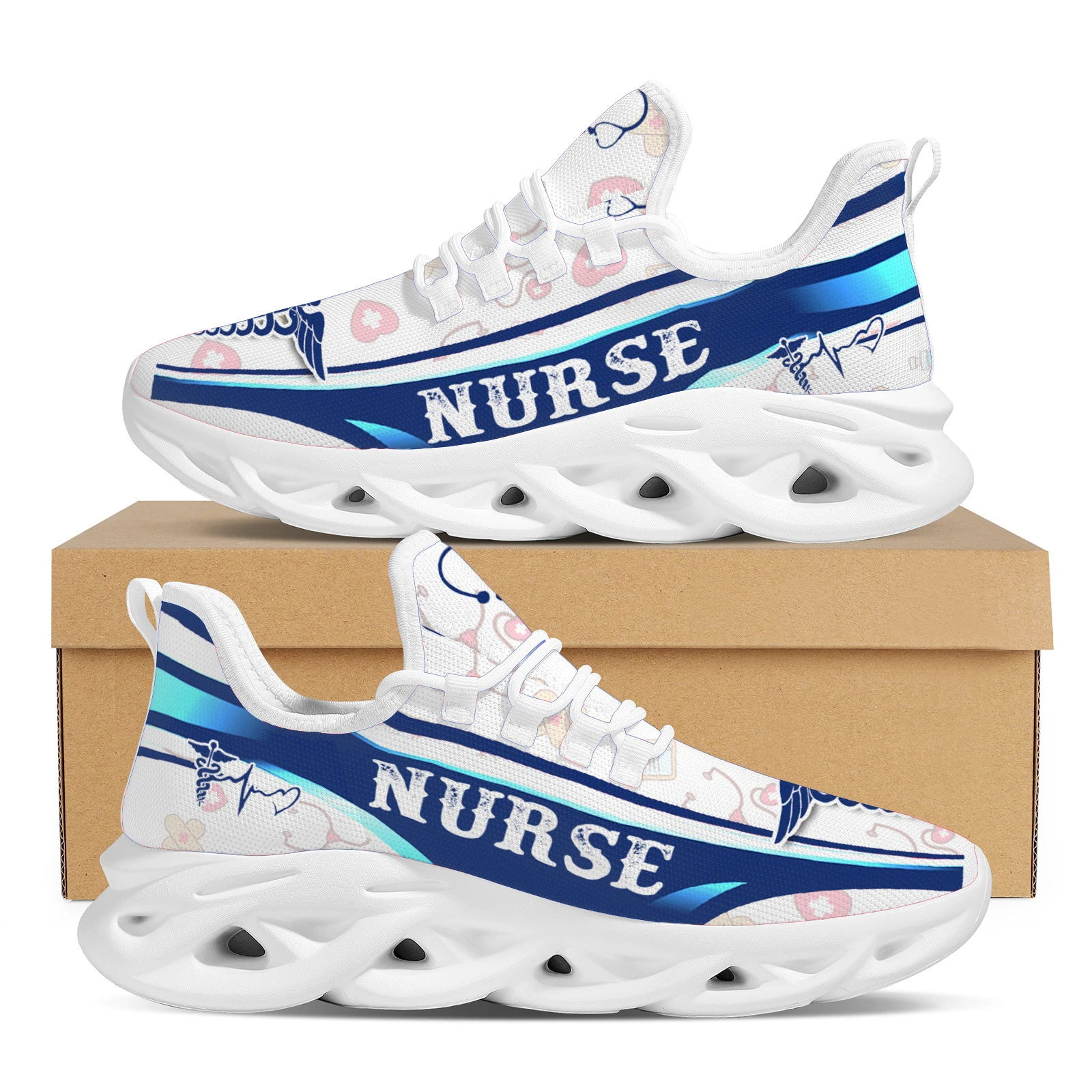 INSTANTARTS White Ladies Nurse Print Summer Knit Platform Shoes Lightweight And Breathable Lace-up Blade Sneakers Medical Shoes