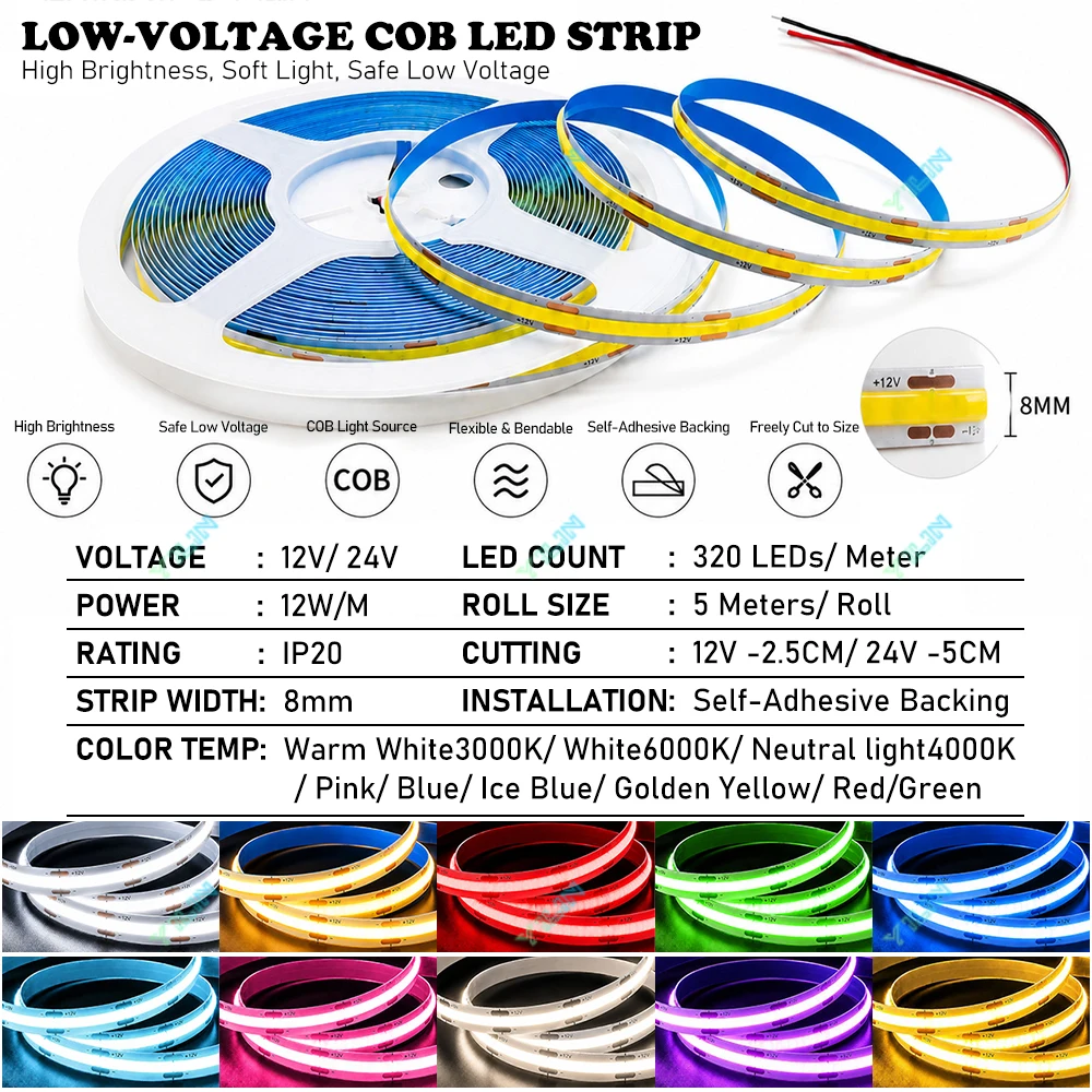 Multicolor 8mm COB LED Strip Light DC12V/24V Free Cut 320LEDs/M High Density Flexible Tape Strip Living Room Ambient Lighting