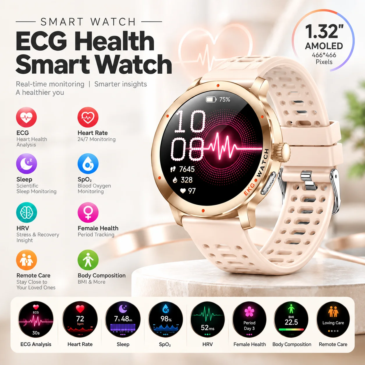 LIGE New Nursing Grade Smart Watches Blood Oxygen HPV Uric Acid ECG+PPG Body Temperature Bluetooth Call Health Women Smartwatch